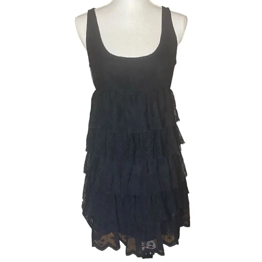 Zara Basic Wm’s Med Black Floral Lace 5 Tiered Ruffle Sleeveless Side Zip Dress